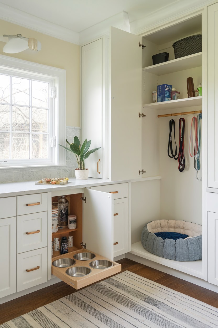 Mudroom cabinetry featuring a pet station with food bowls and a pet bed.