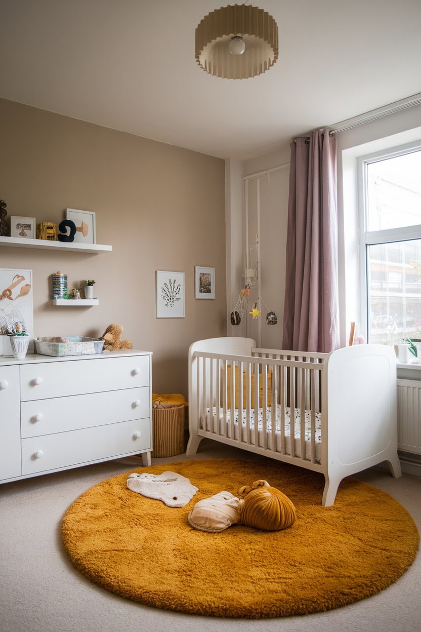 Cozy nursery featuring a mustard yellow round rug in front of a crib and dresser.