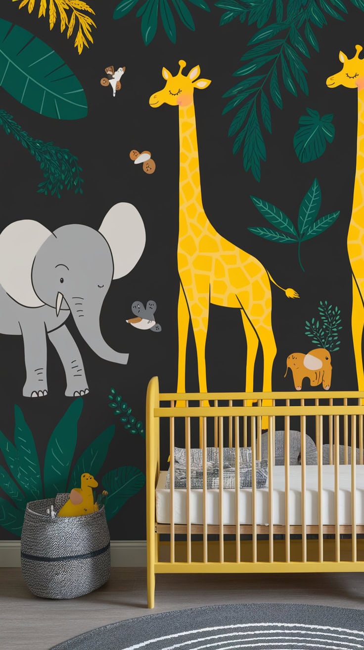 Nursery with safari-themed wall art featuring elephants and giraffes, with a yellow crib and grey accents.