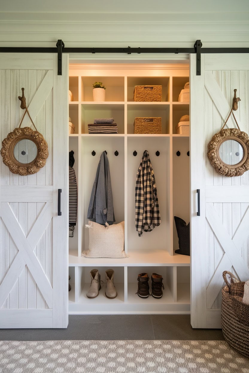 Scandinavian mudroom featuring sliding barn doors, organized shelving, and decorative elements.