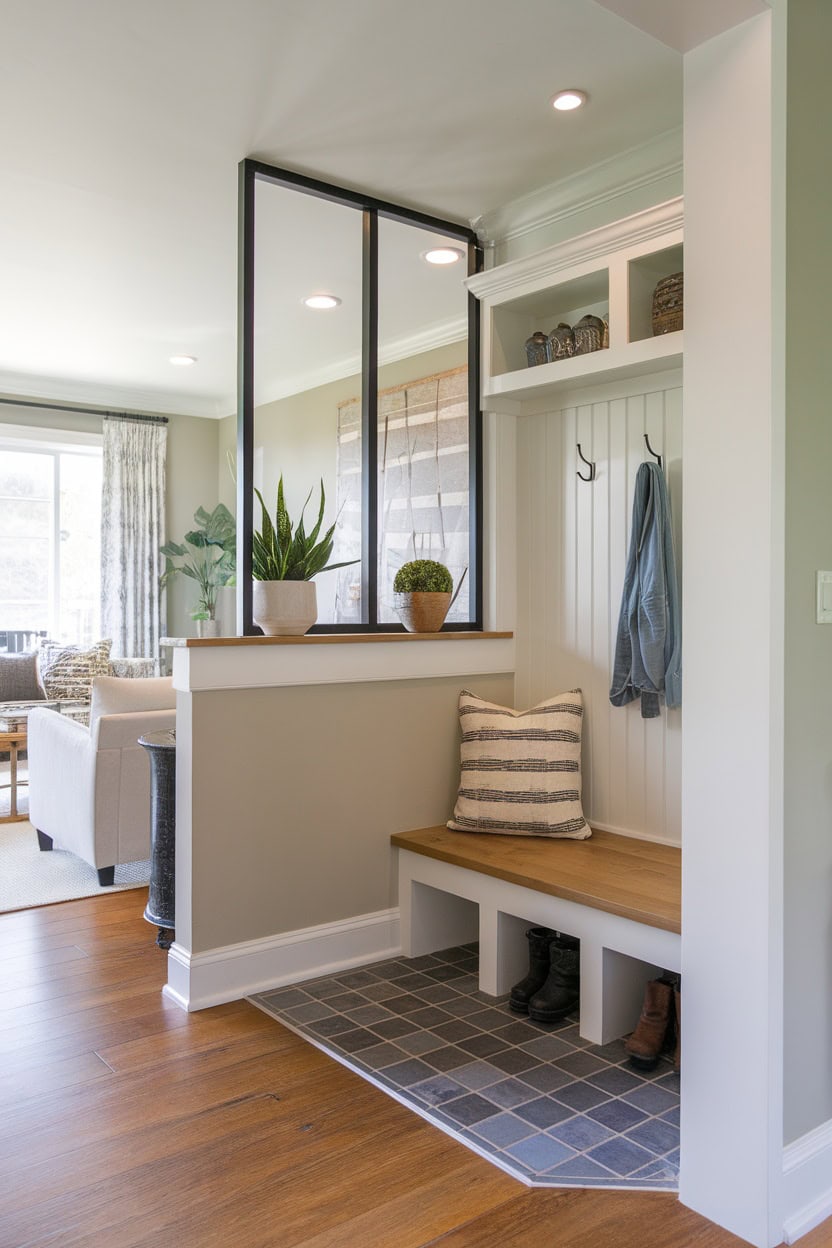 A small mudroom featuring a half-wall partition with a bench, hooks for coats, and decorative plants.