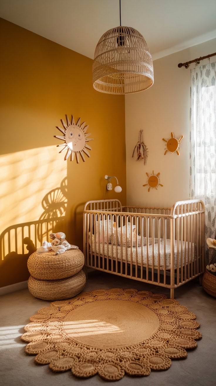 A beautifully designed boho nursery with whimsical lighting and warm colors.