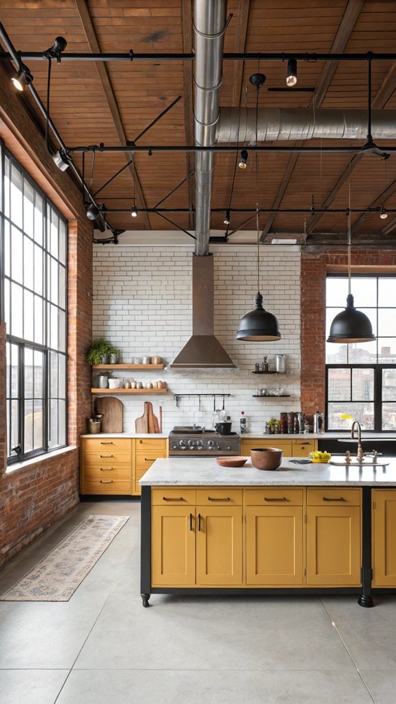 mustard accents in industrial kitchen