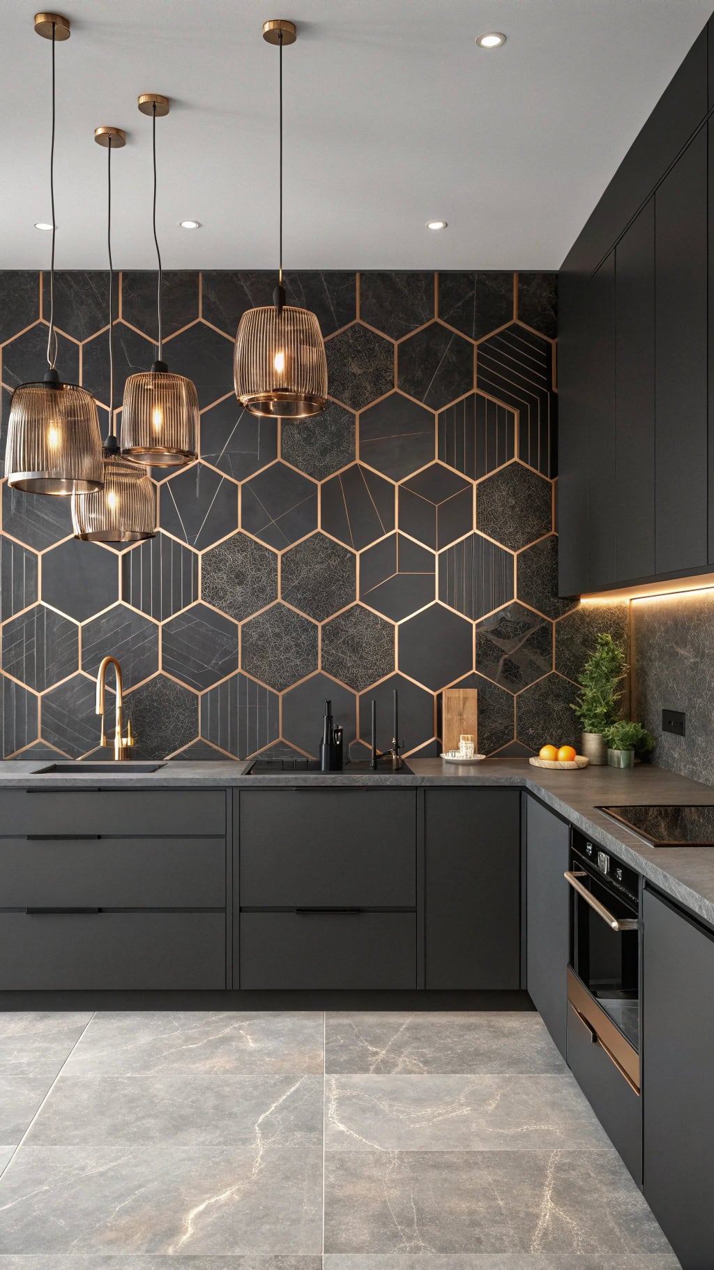 black geometric backsplash design