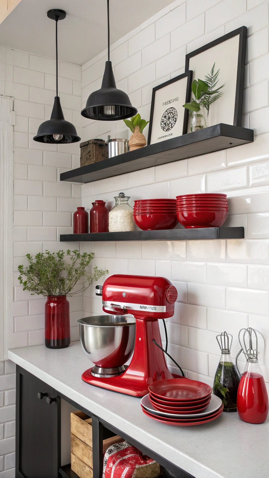 black shelves with red accents