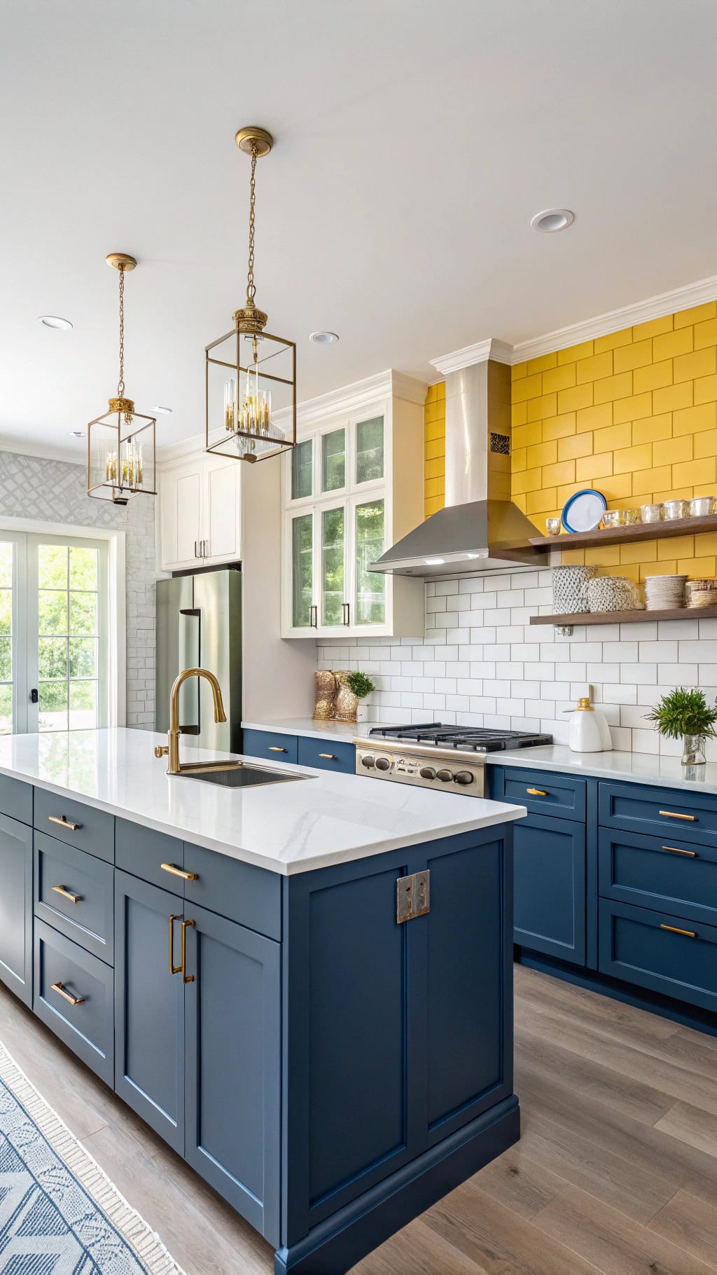 blue cabinets yellow backsplash