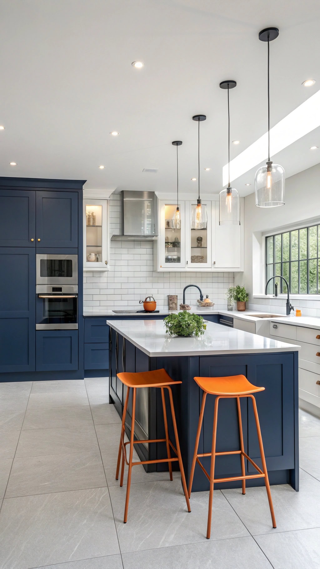 blue kitchen orange stools