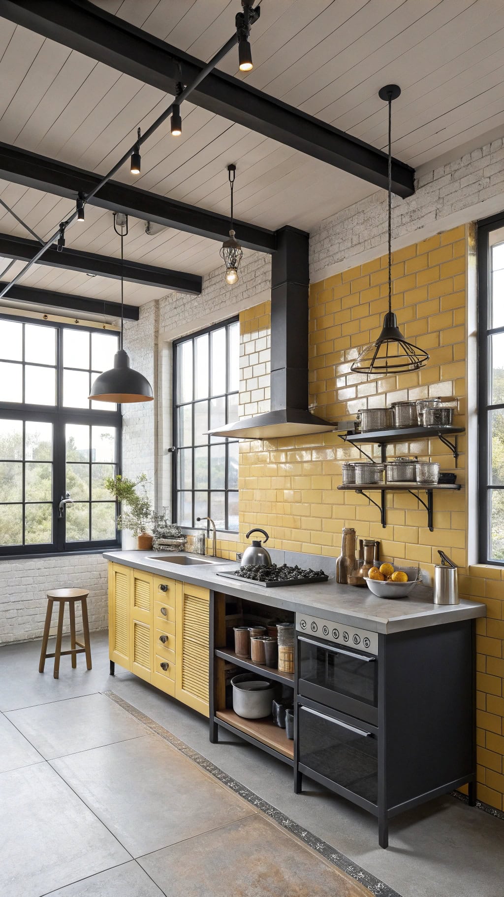 bold industrial yellow kitchen