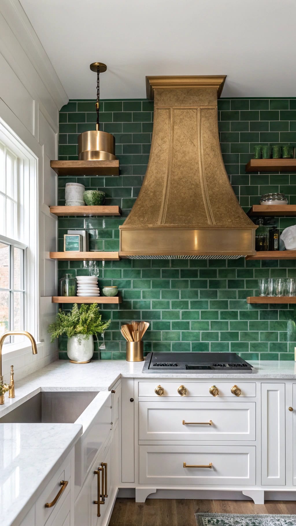 brass hood green tiles