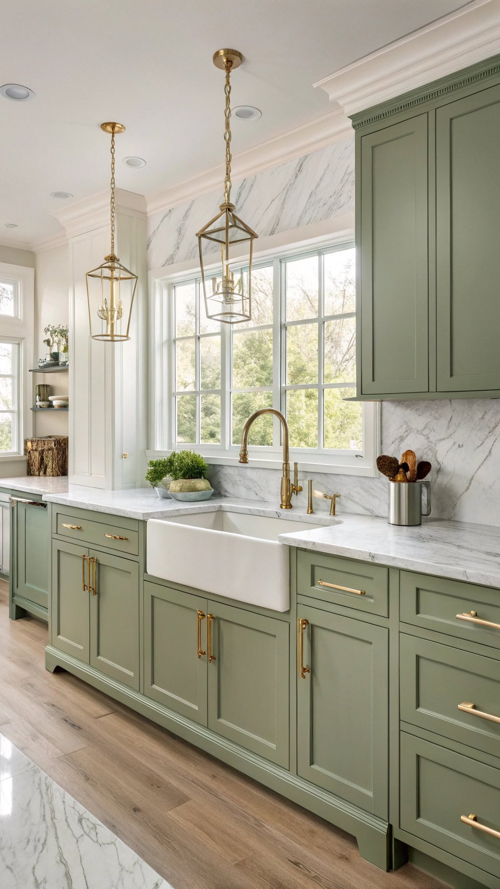 brass sink complements green kitchen