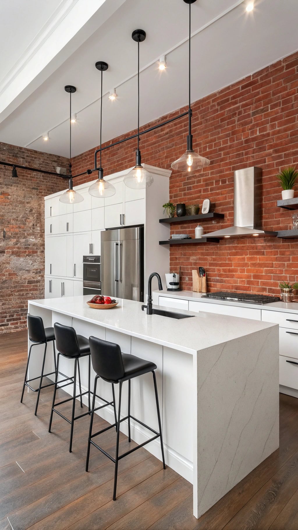 brick wall minimalist kitchen