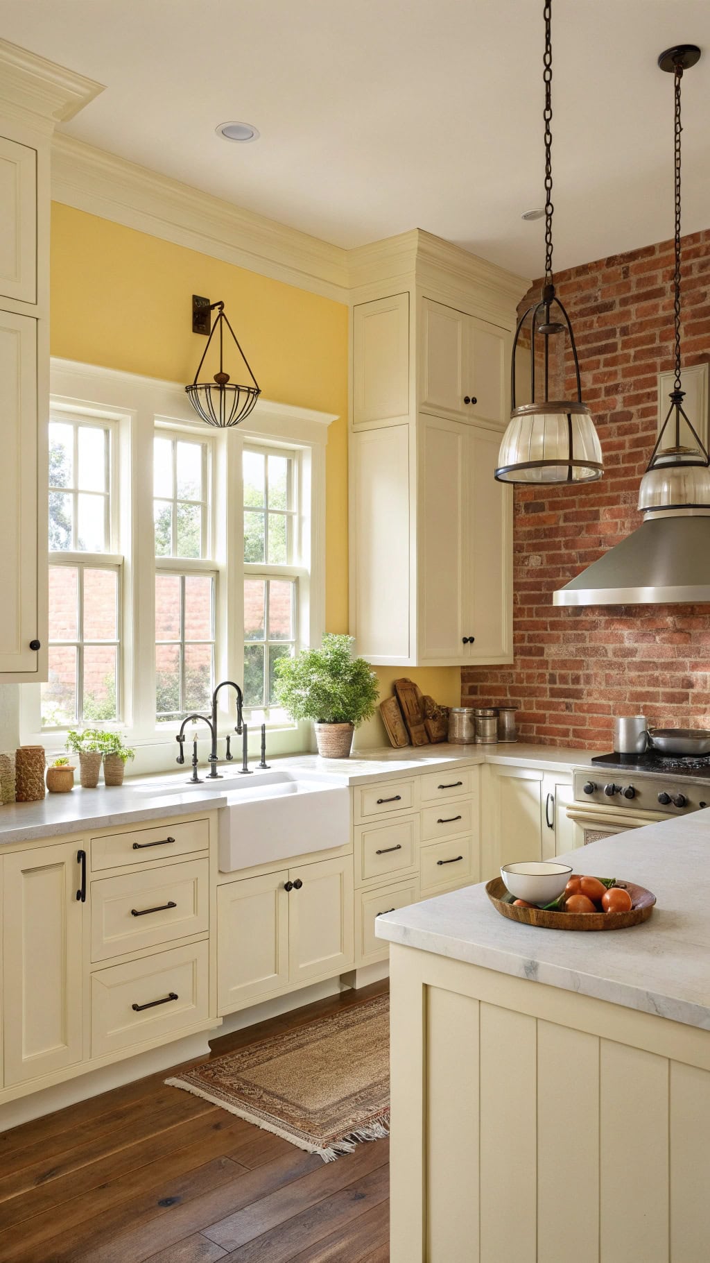 bright exposed brick kitchen