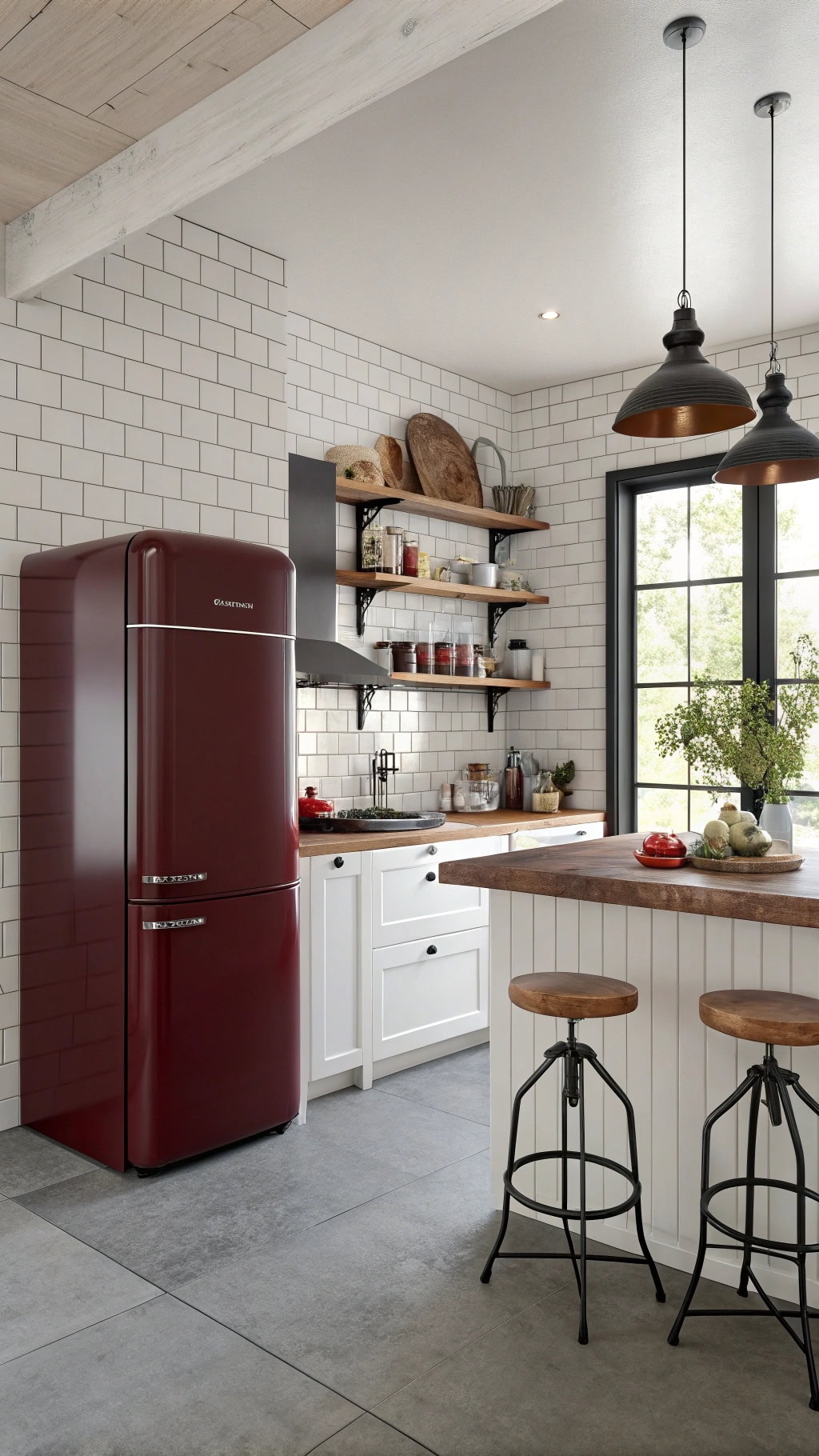 burgundy refrigerator eclectic style