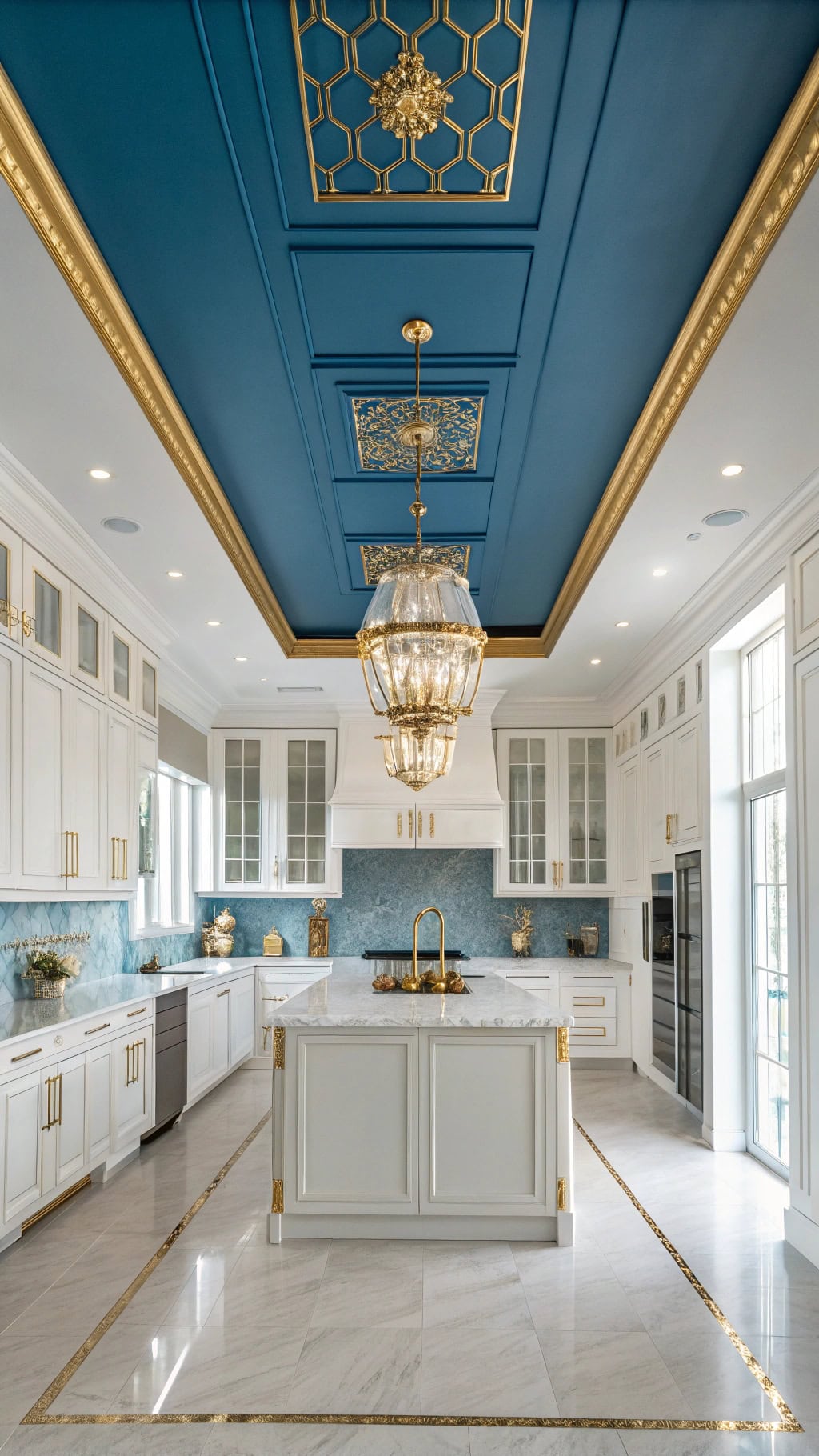 cerulean ceiling with chandeliers