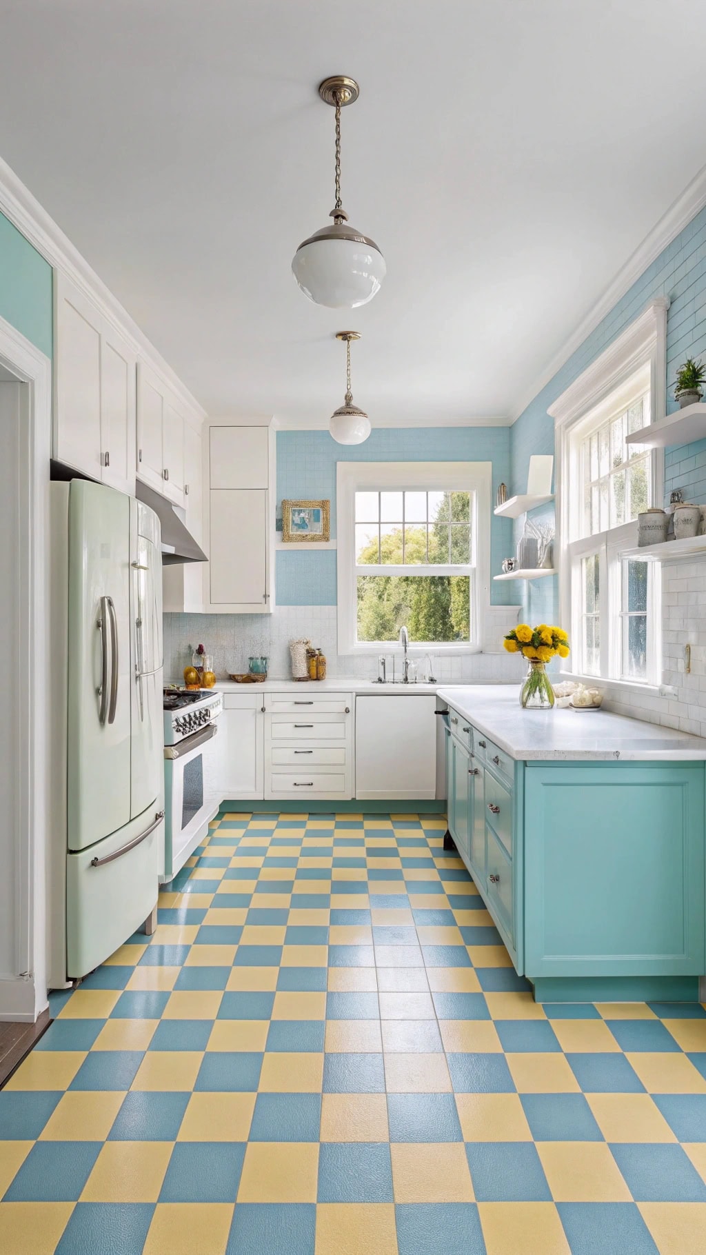 checkered blue yellow flooring