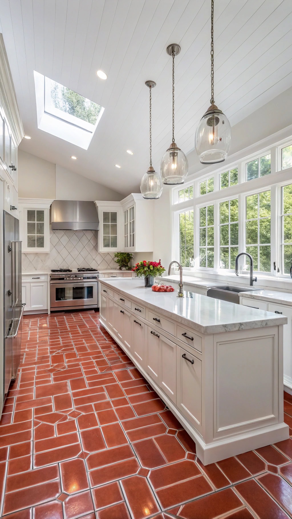 cherry red tiles white cabinetry