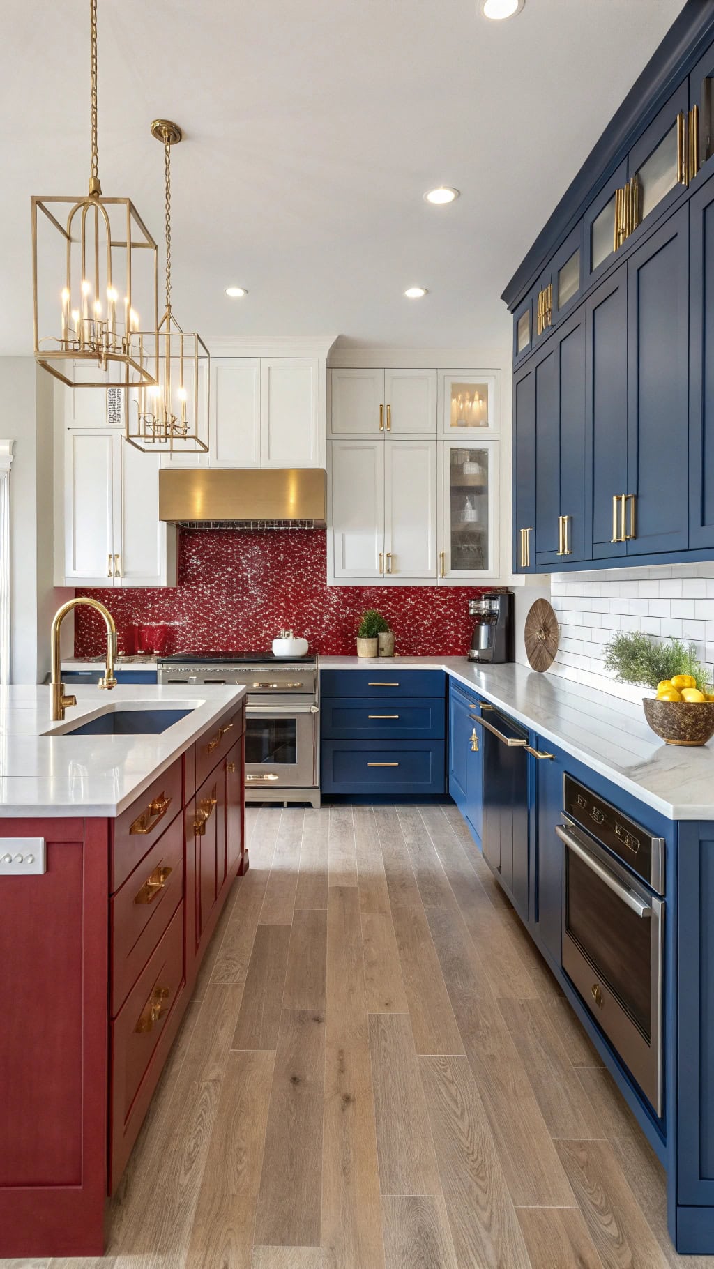 cobalt cabinets red backsplash