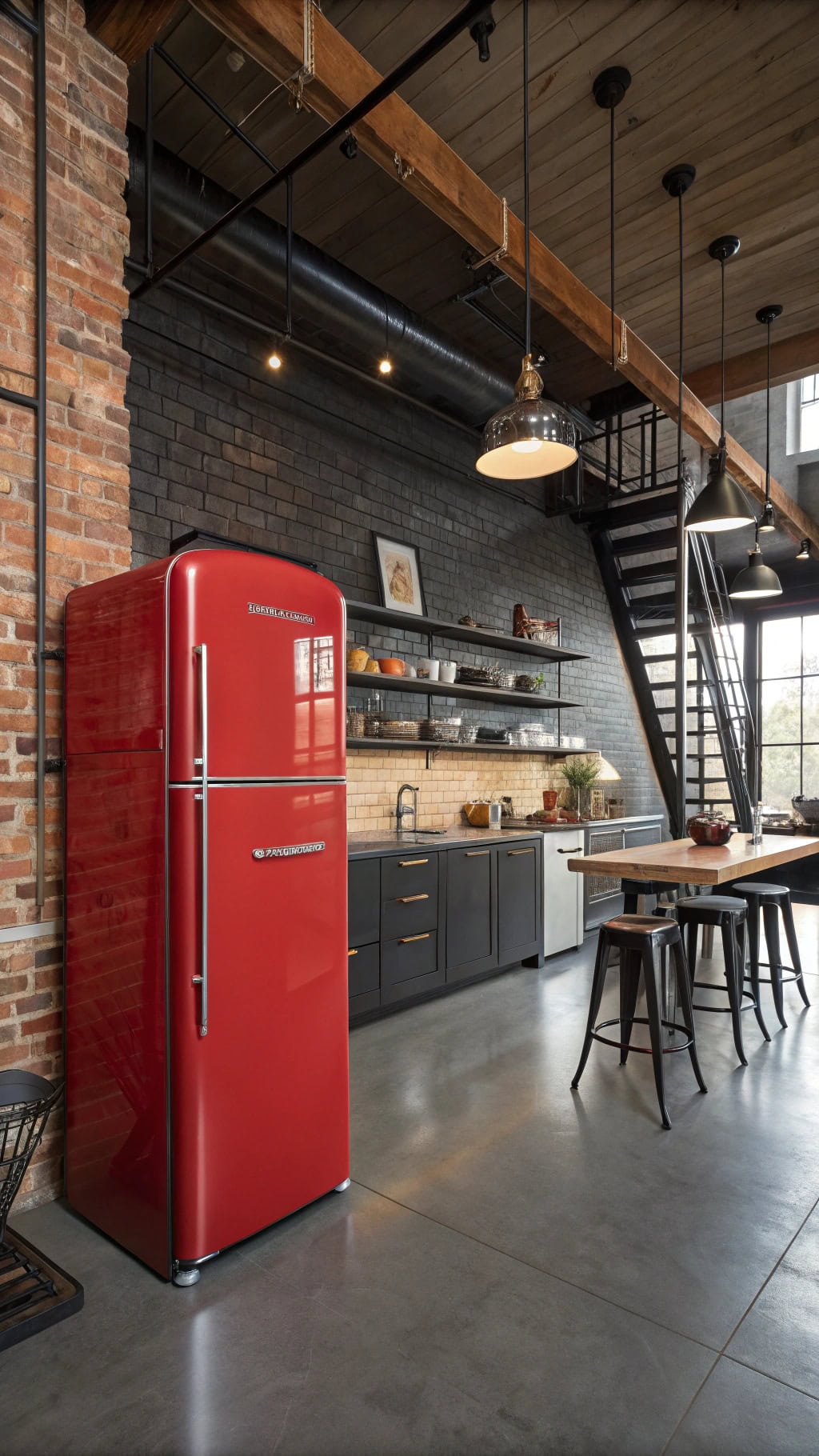 crimson refrigerator in loft