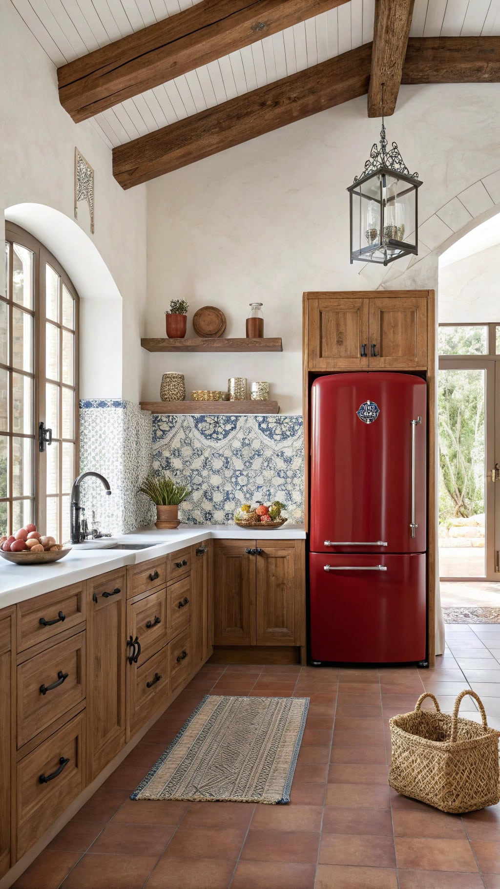 deep red mediterranean kitchen