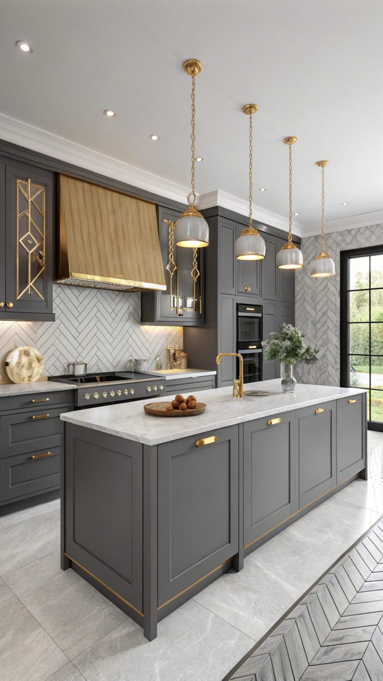 elegant grey and gold kitchens