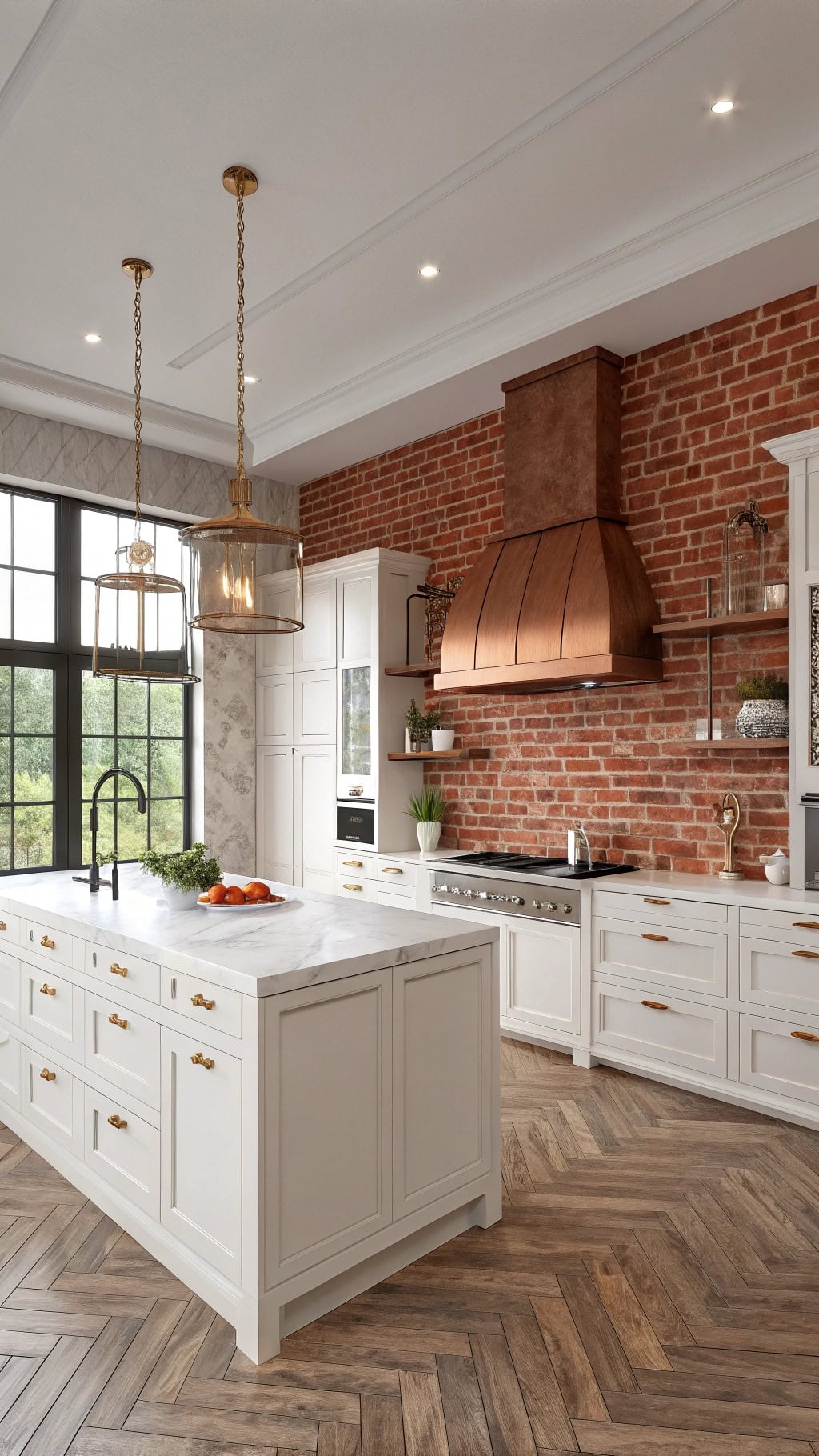 elegant herringbone brick kitchen