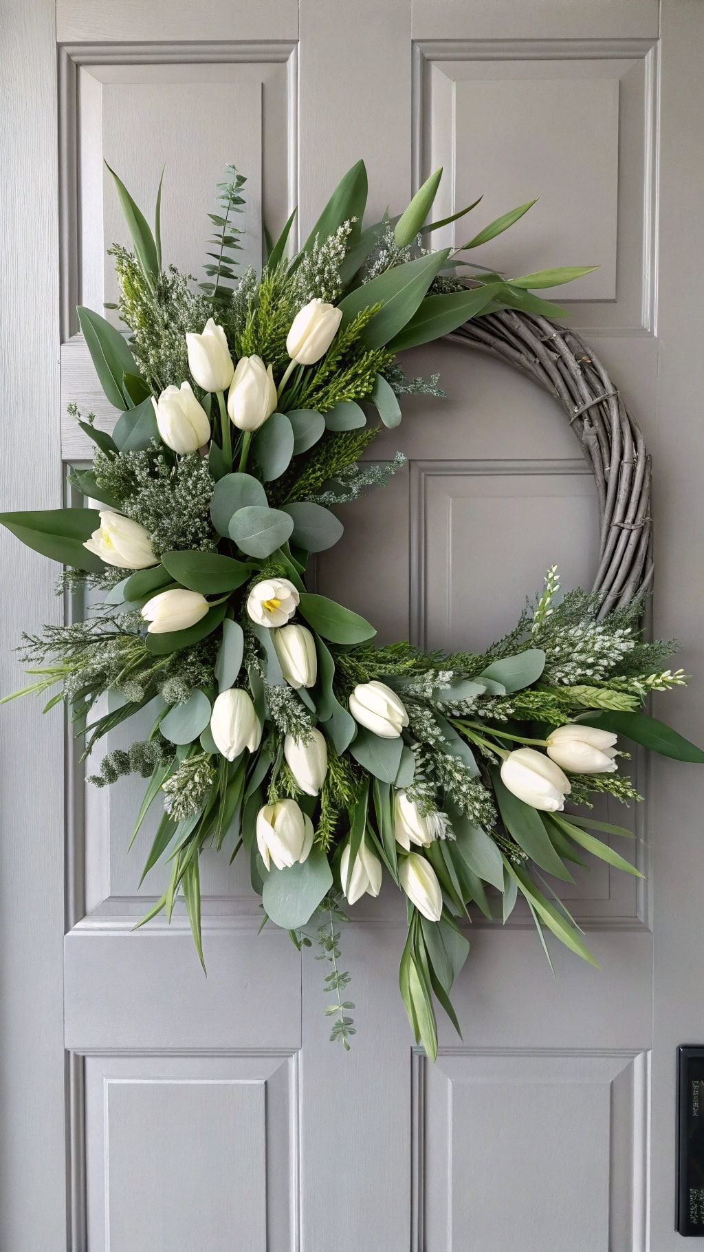 eucalyptus and tulip arrangement