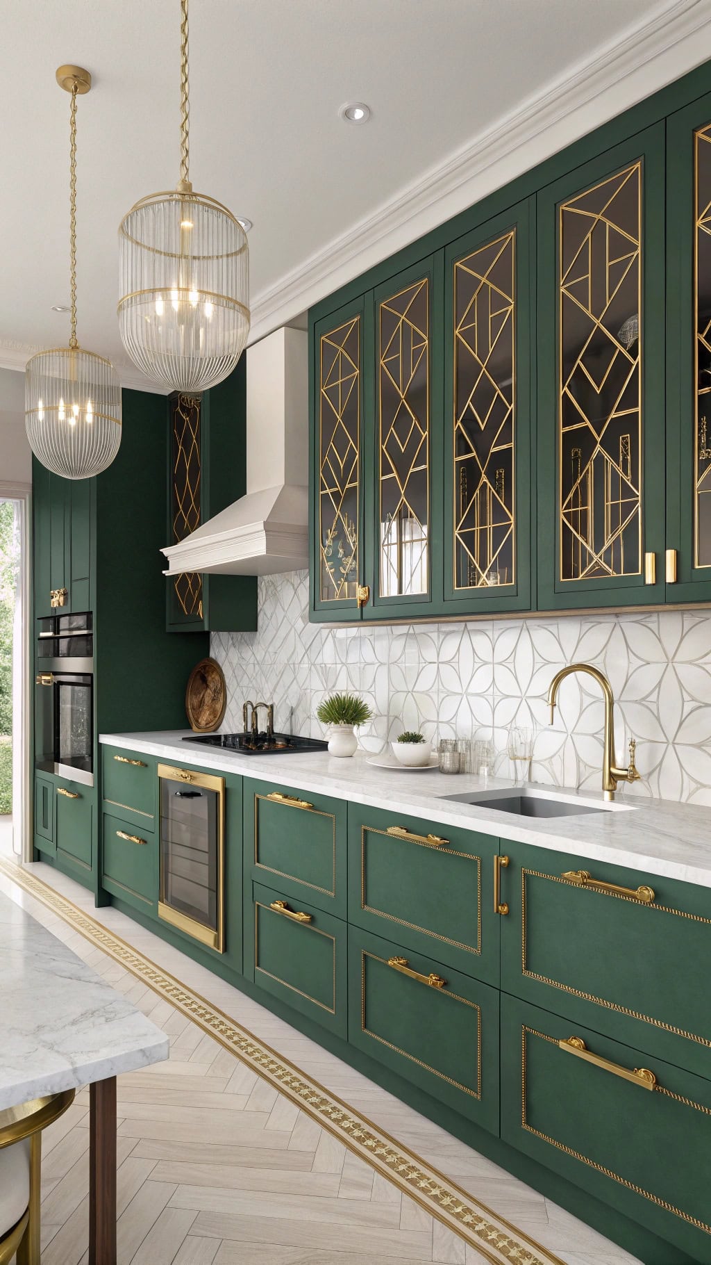 geometric gold accented cabinetry