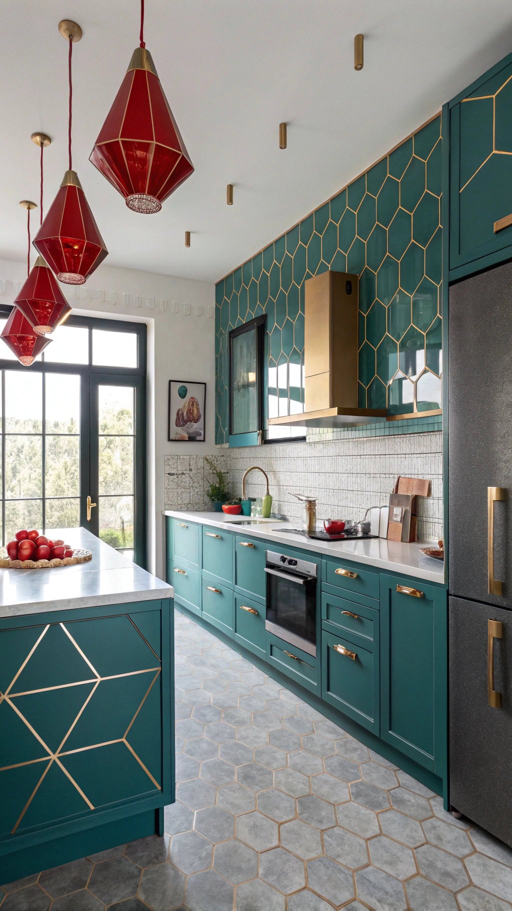 geometric red teal patterns