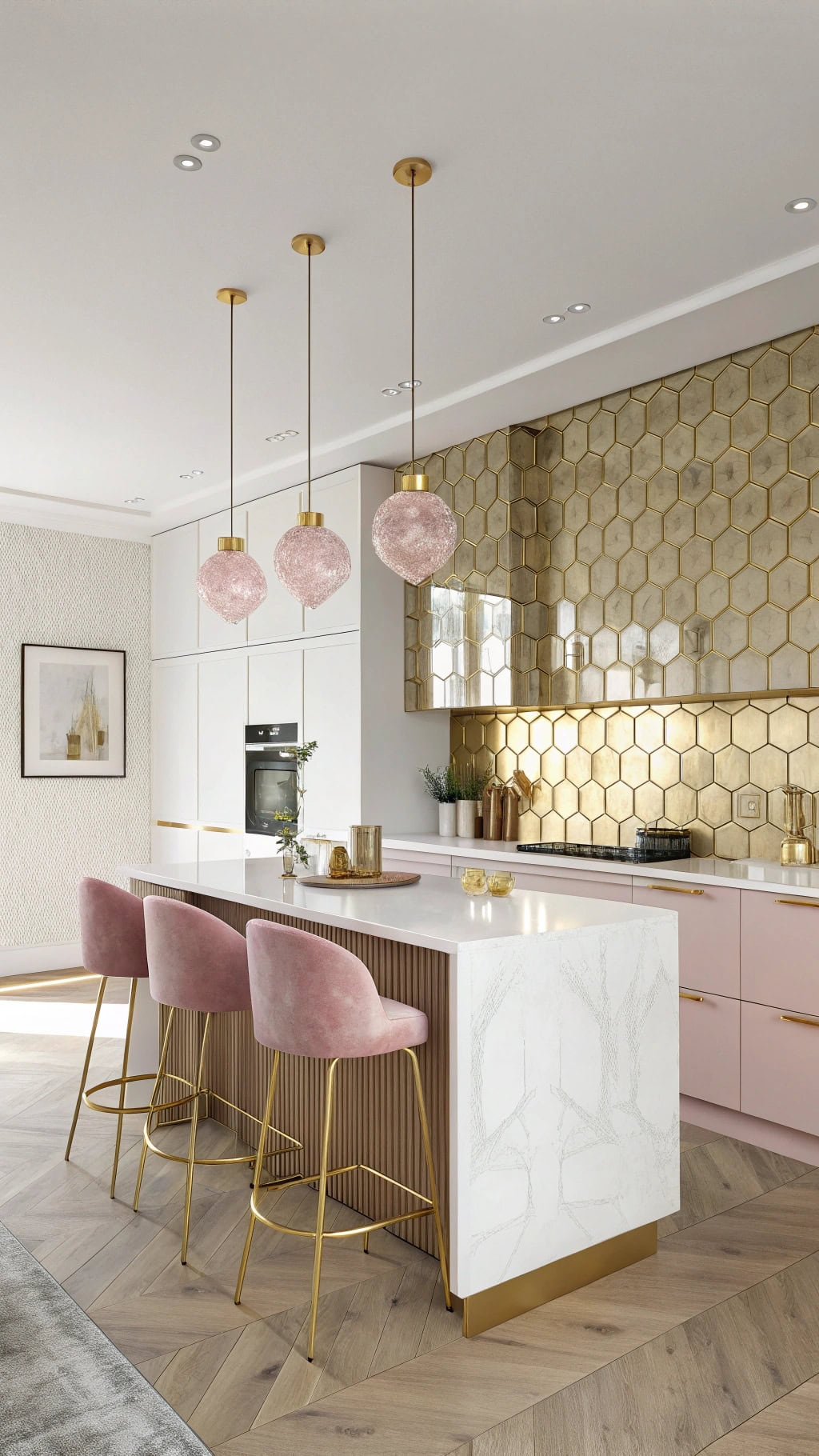 gold backsplash with pink