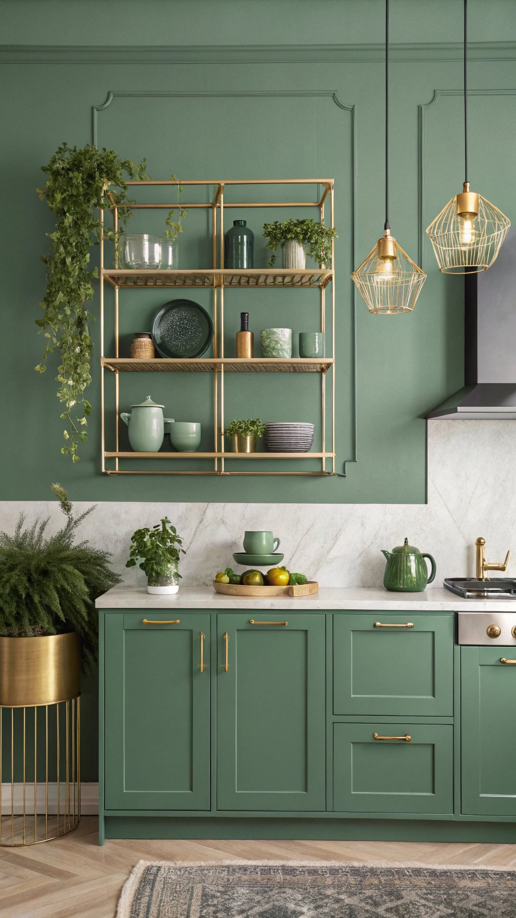 gold shelving with pottery