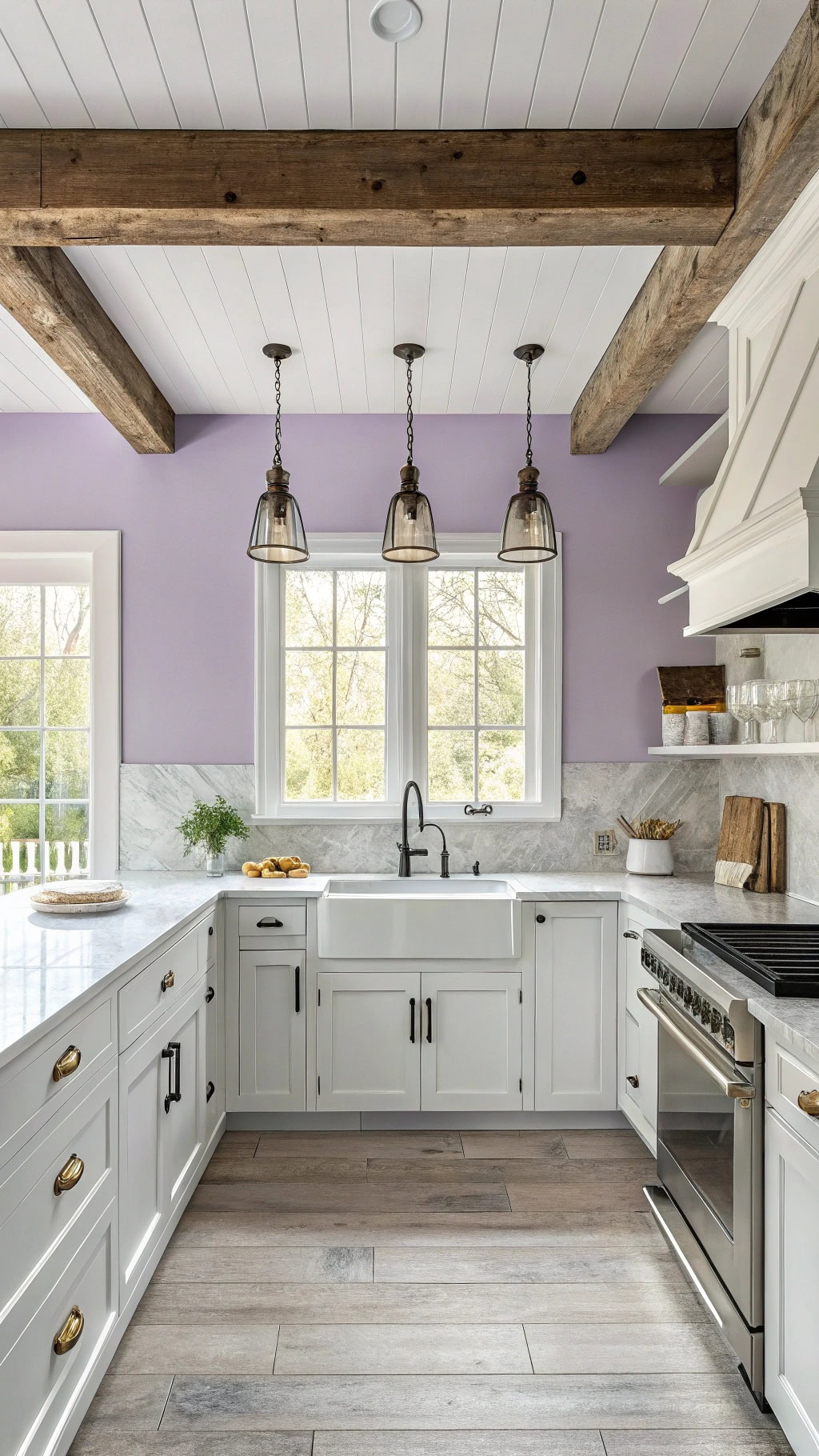 lavender accent farmhouse kitchen