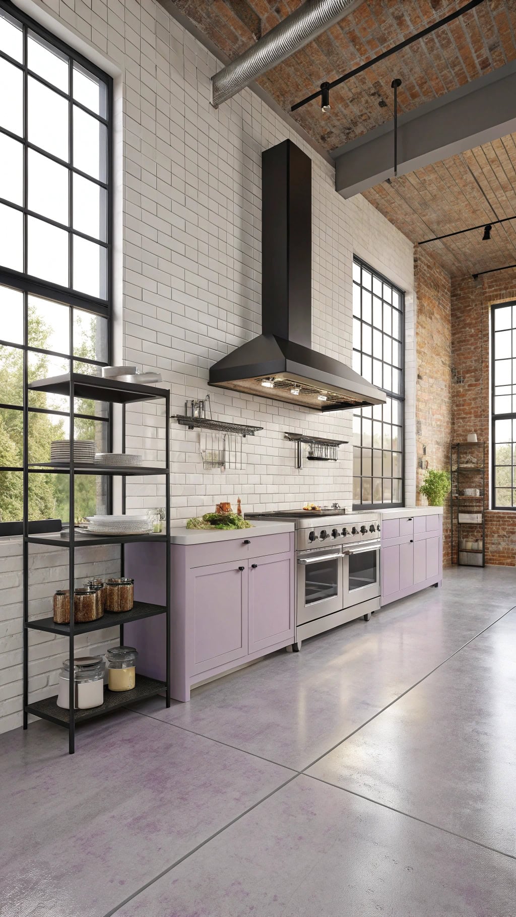 lavender accented industrial kitchen