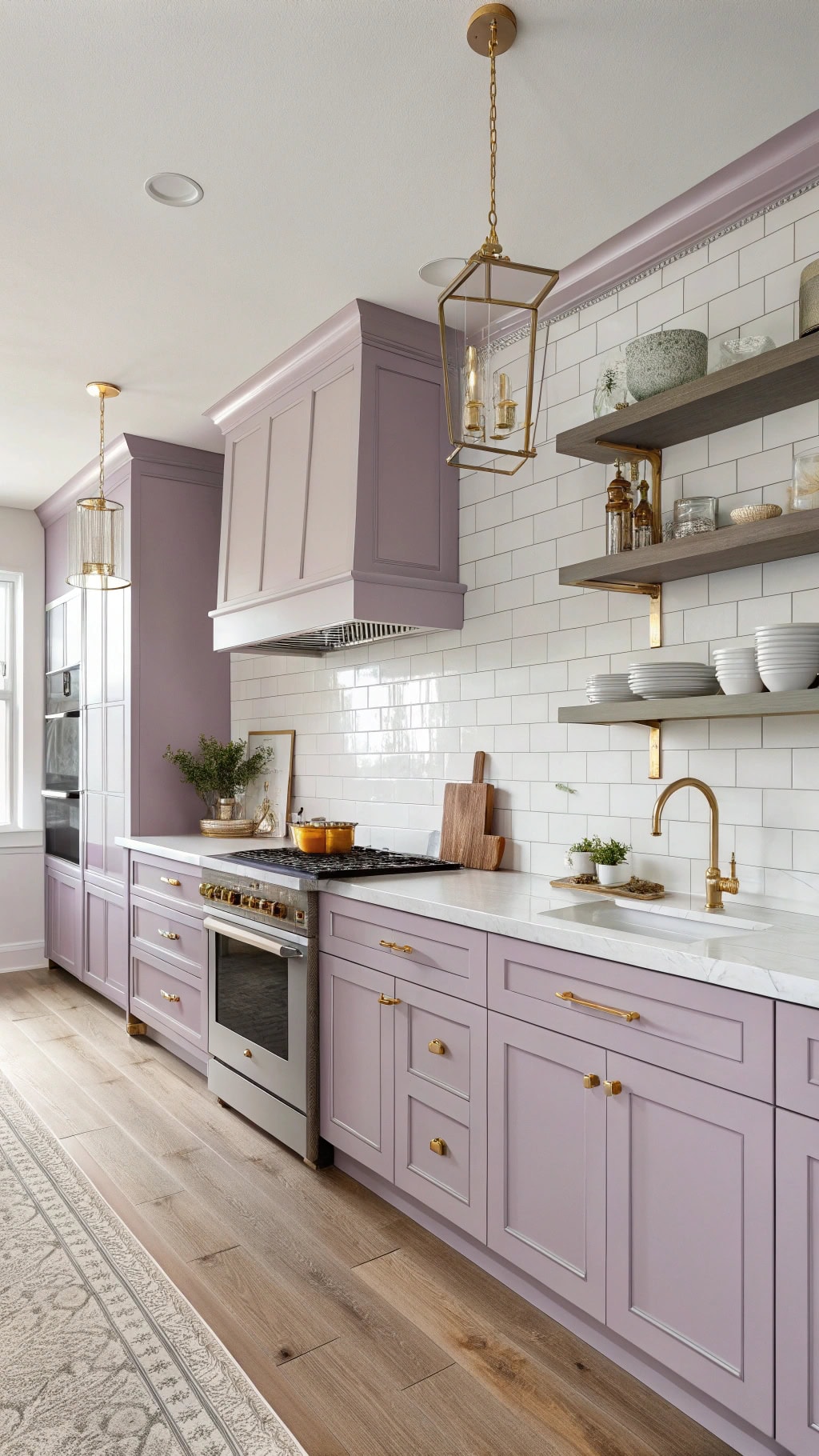 lavender cabinets with brass