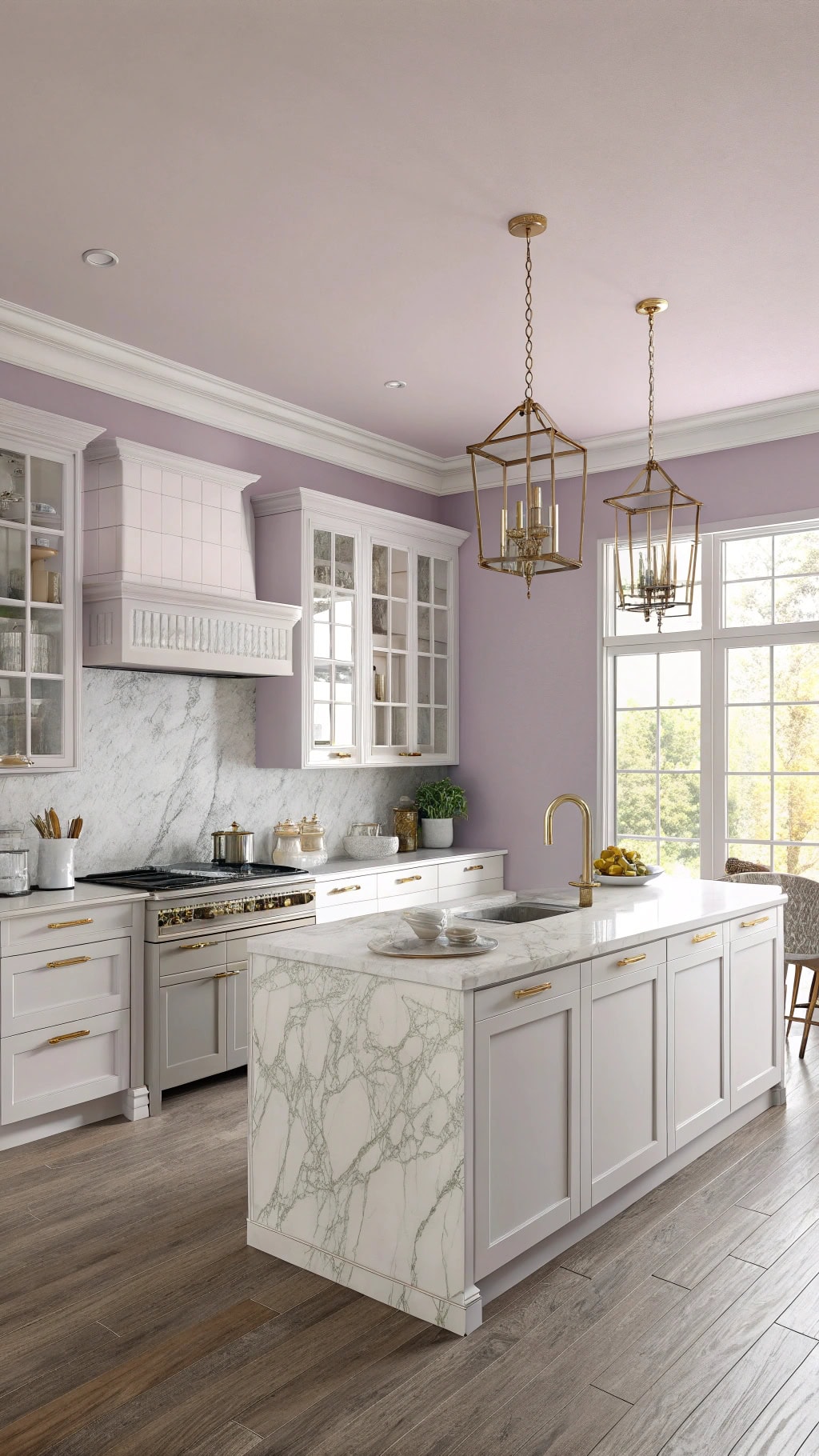 lilac kitchen with marble