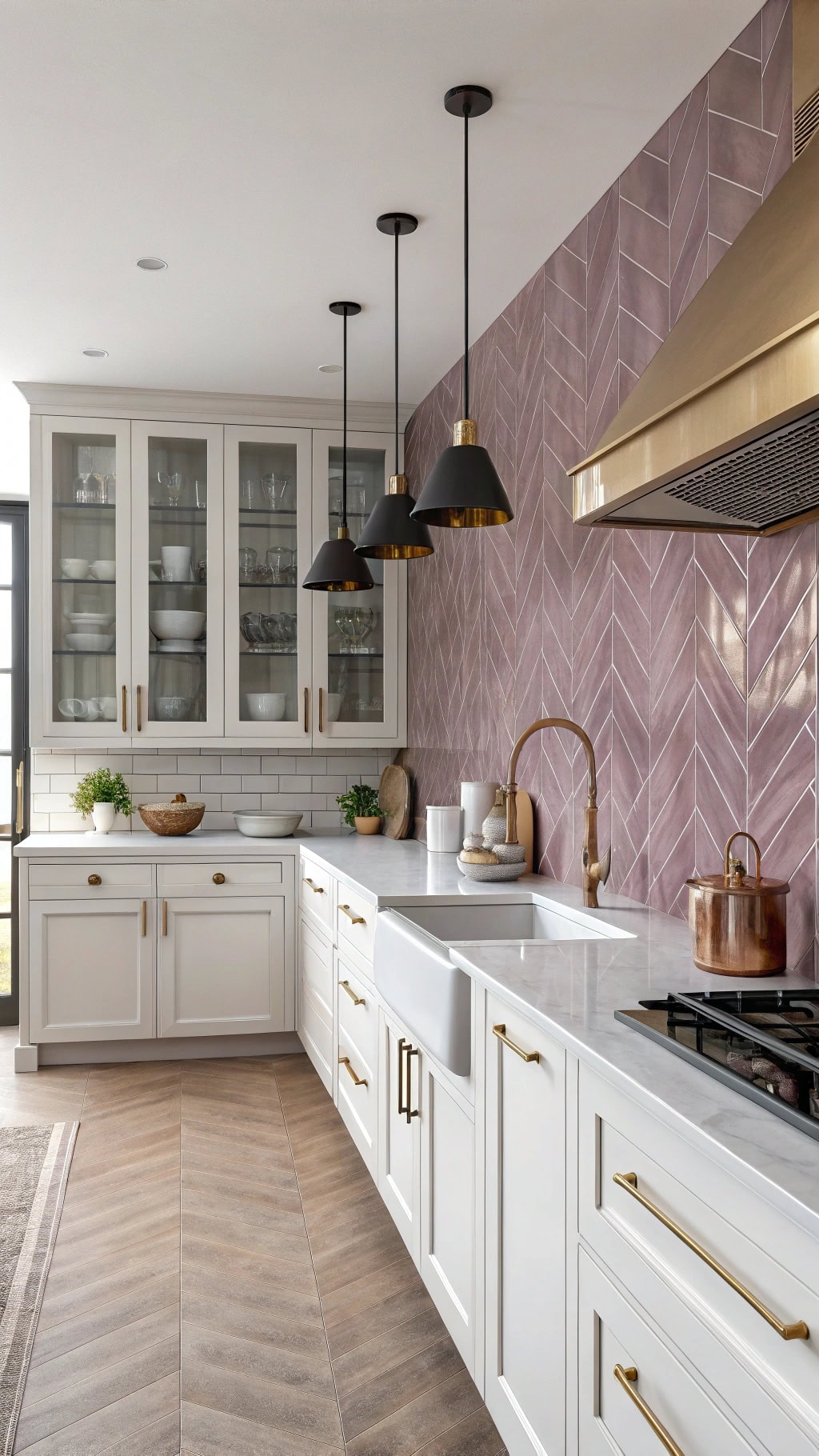 mauve colored backsplash feature wall