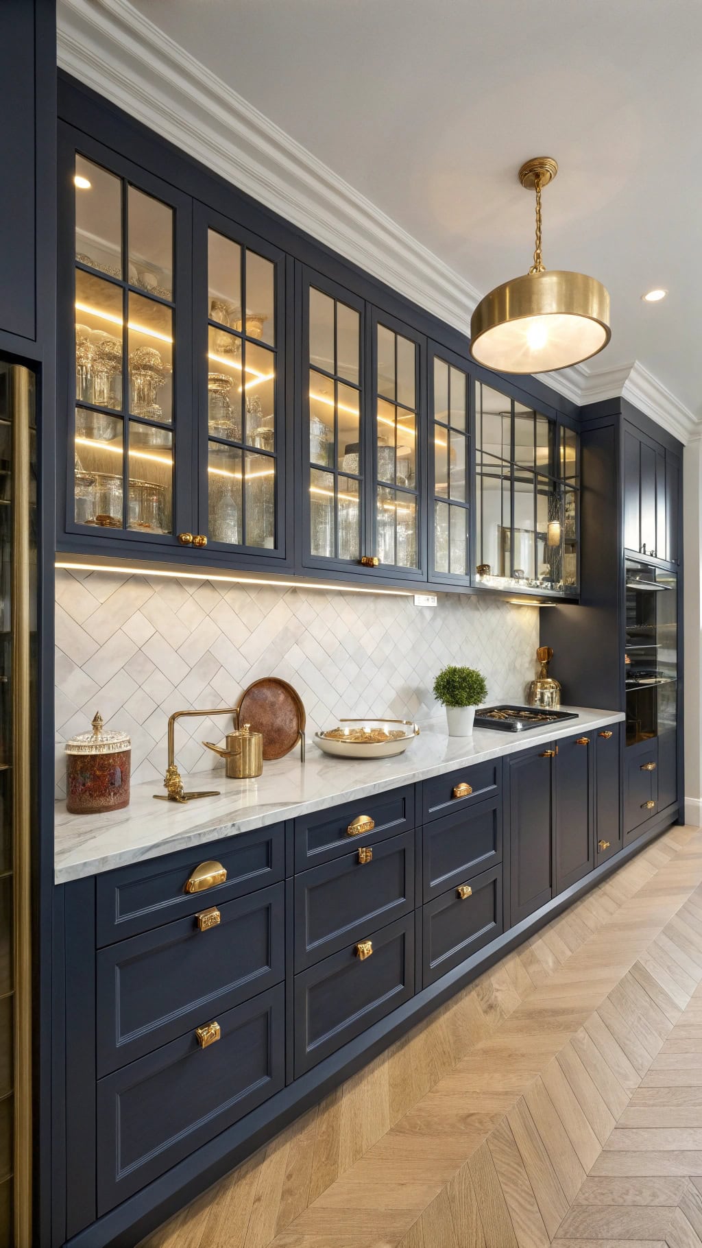 navy cabinets with gold