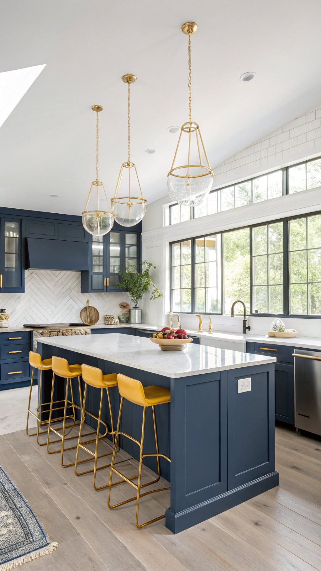 navy cabinets yellow accents