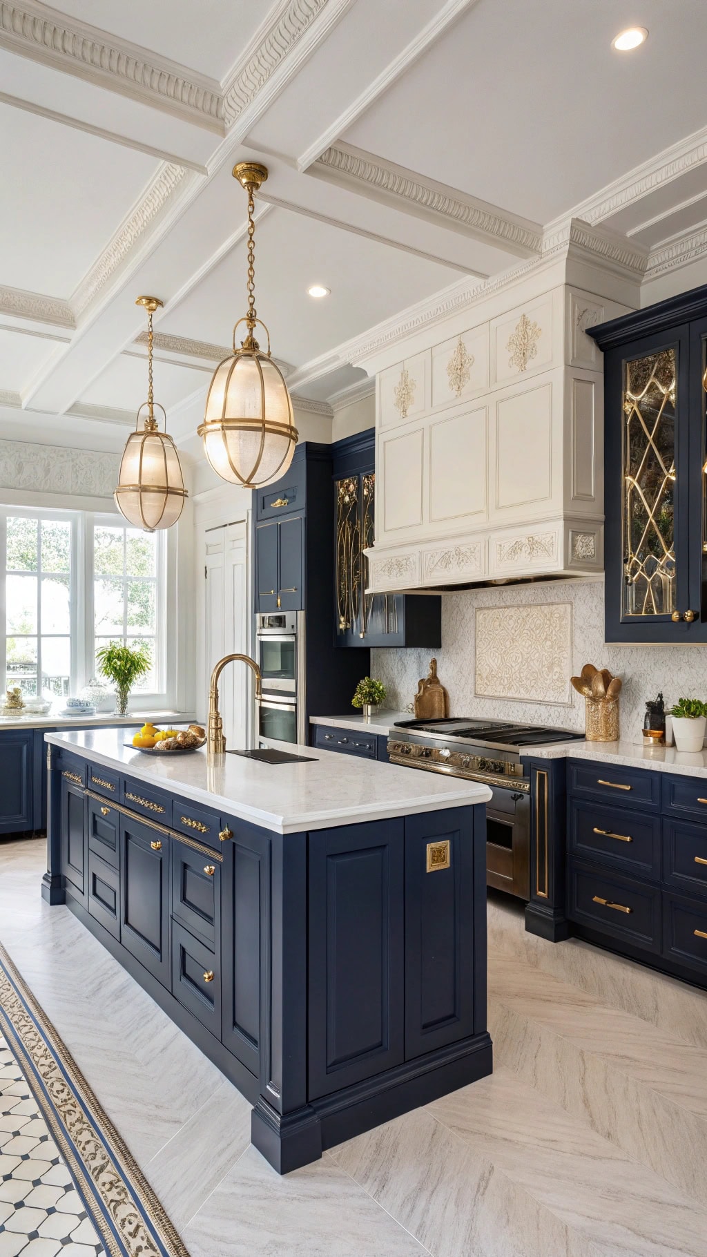 navy kitchen with antiques