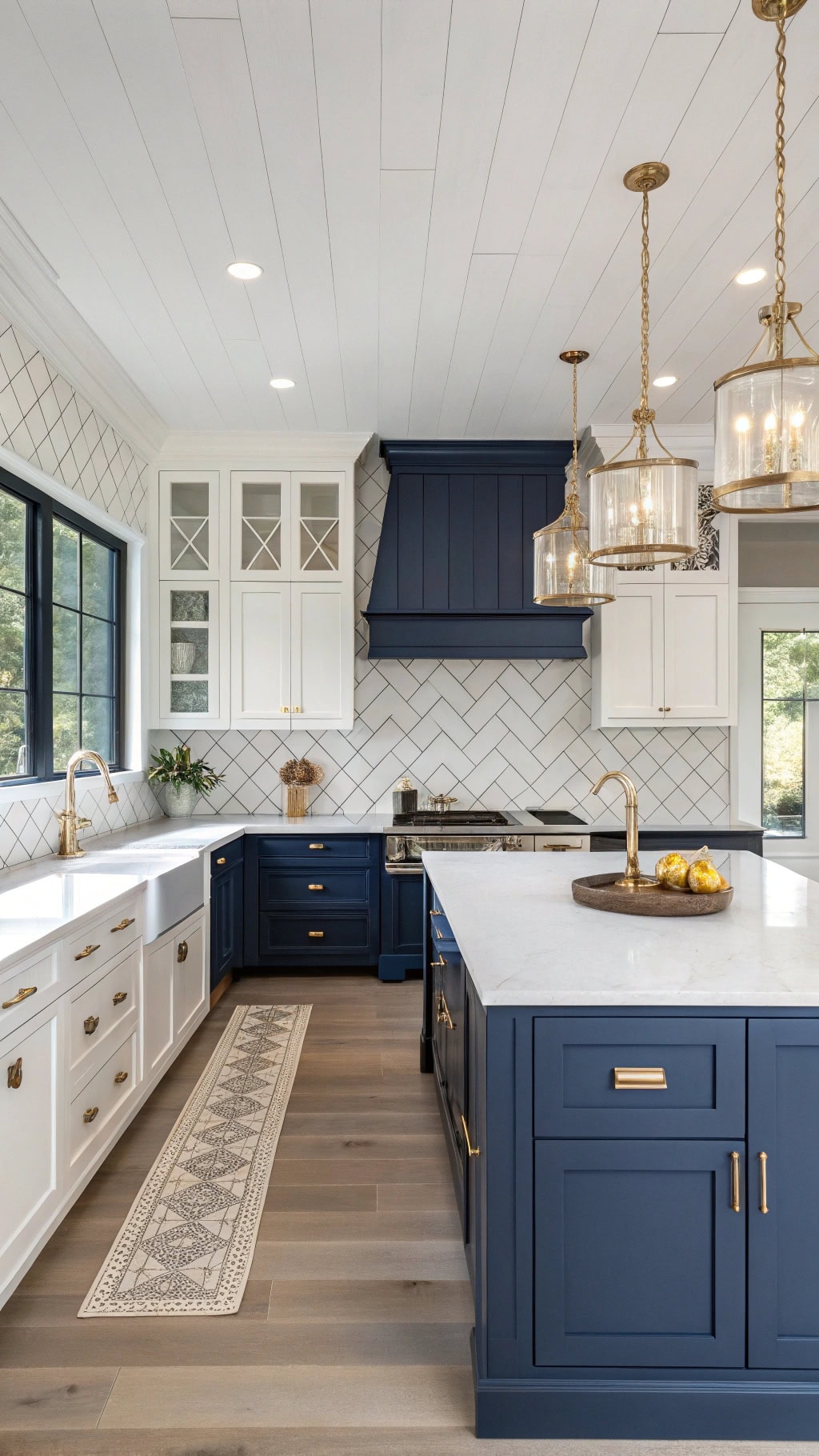 navy kitchen with gold accents