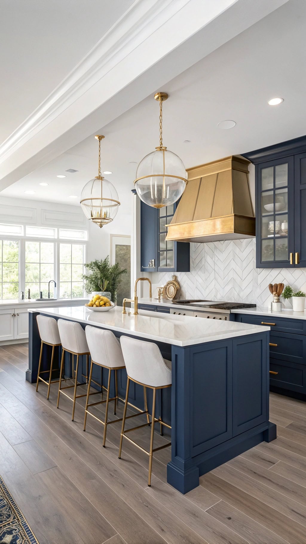 navy kitchen with gold accents