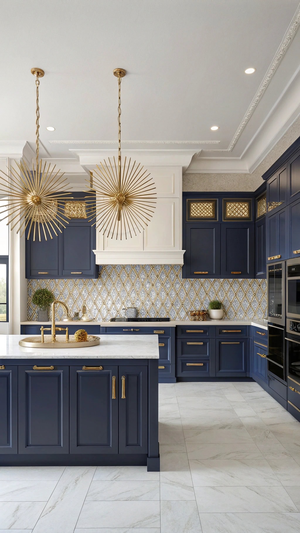 navy kitchen with gold patterns