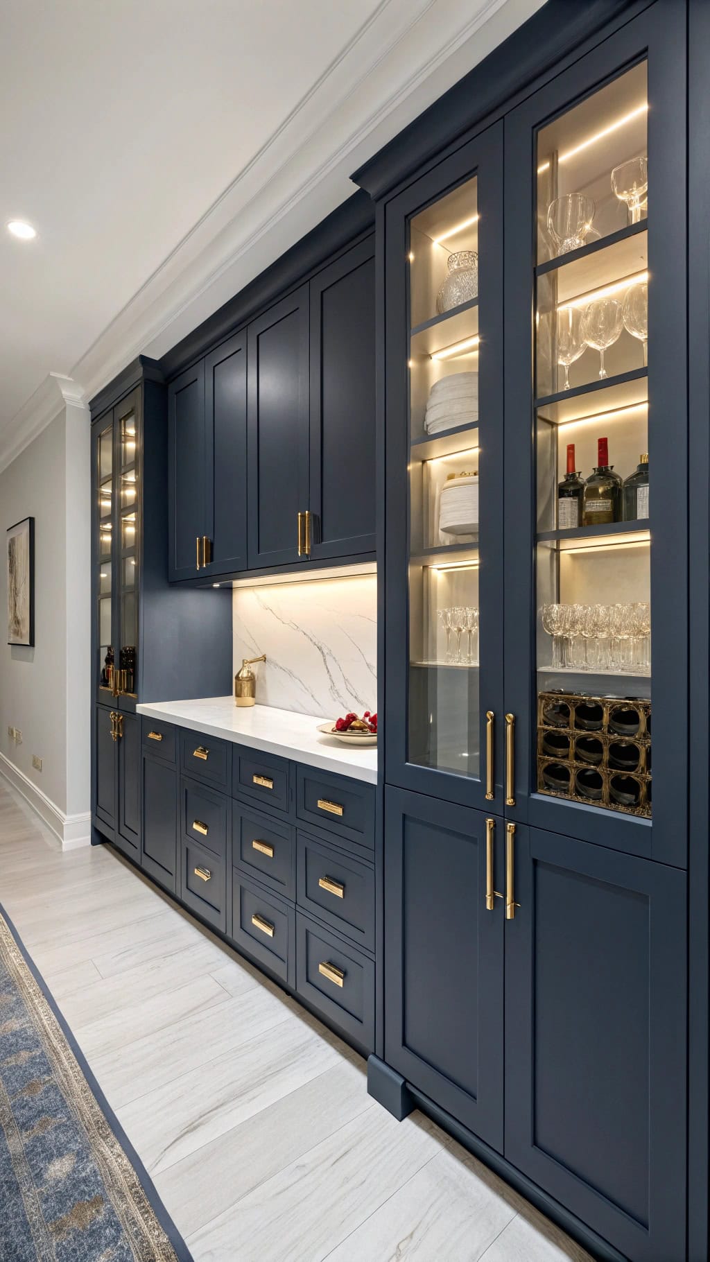 navy pantry with gold handles