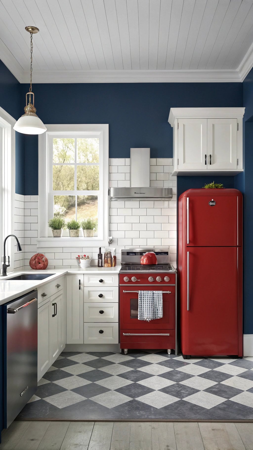 navy walls red appliances