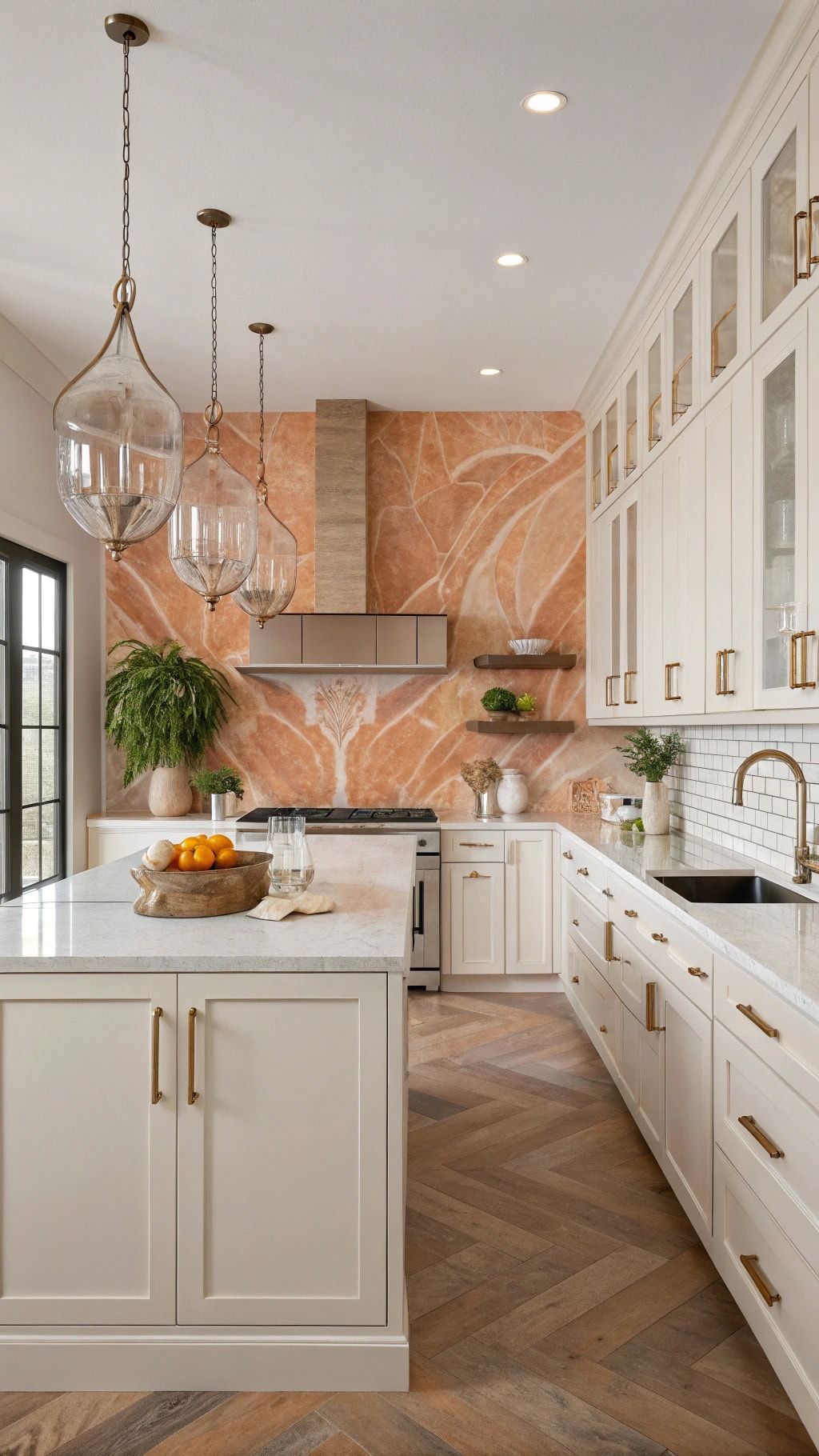 peach orange stone backsplash