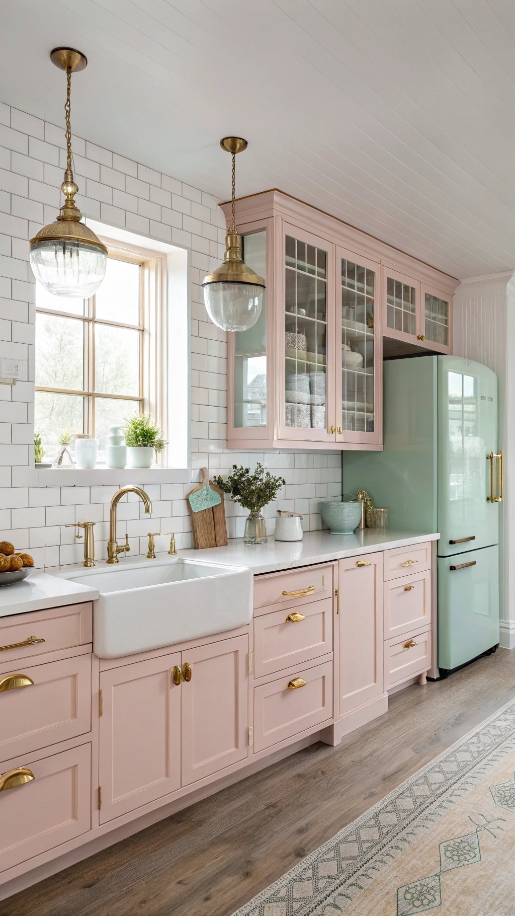 pink cabinets with brass