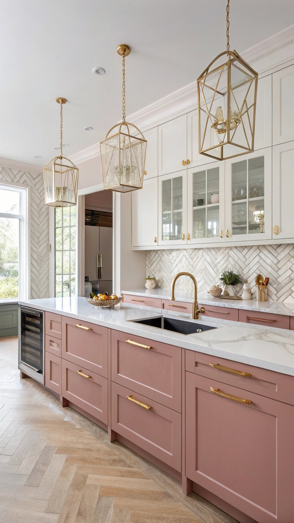 pink cabinets with gold hardware