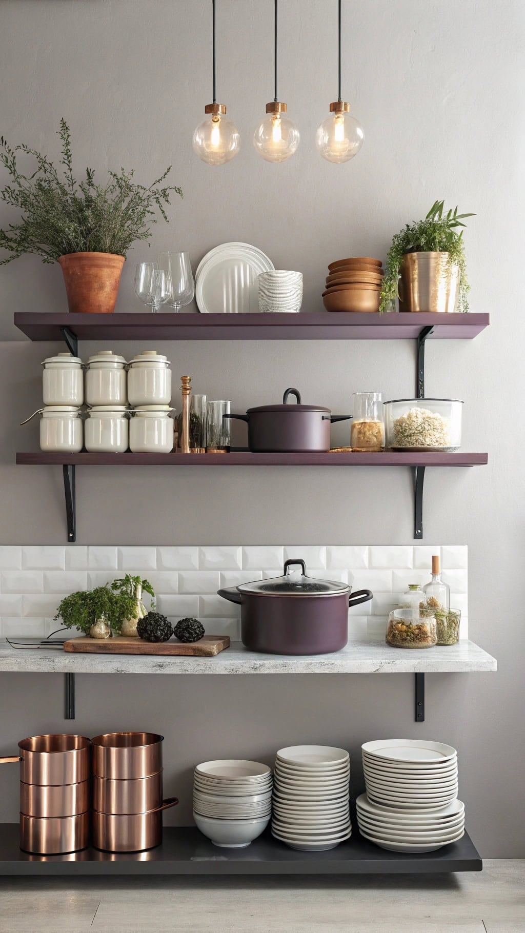 plum colored open shelving design