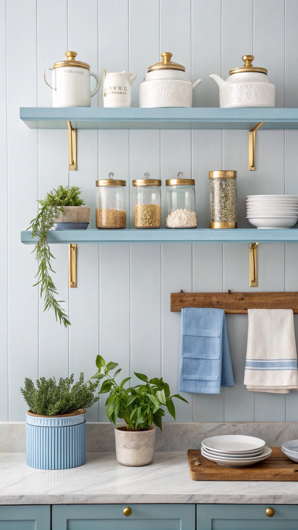 powder blue shelves gold brackets