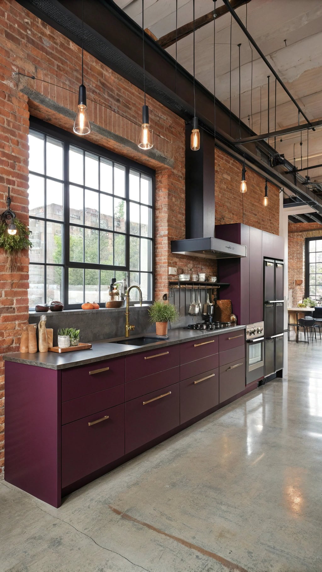 purple industrial kitchen decor