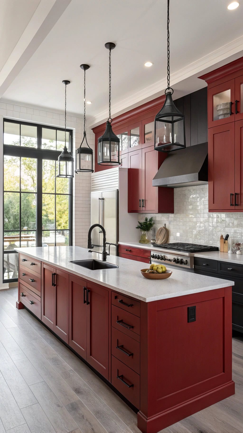 red cabinets with matte black